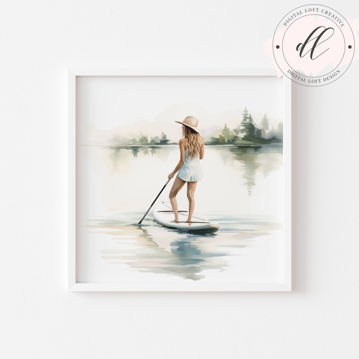 Woman Paddleboard Lake Watercolor Calm Summer Lake Scene Wall Art - Image 2