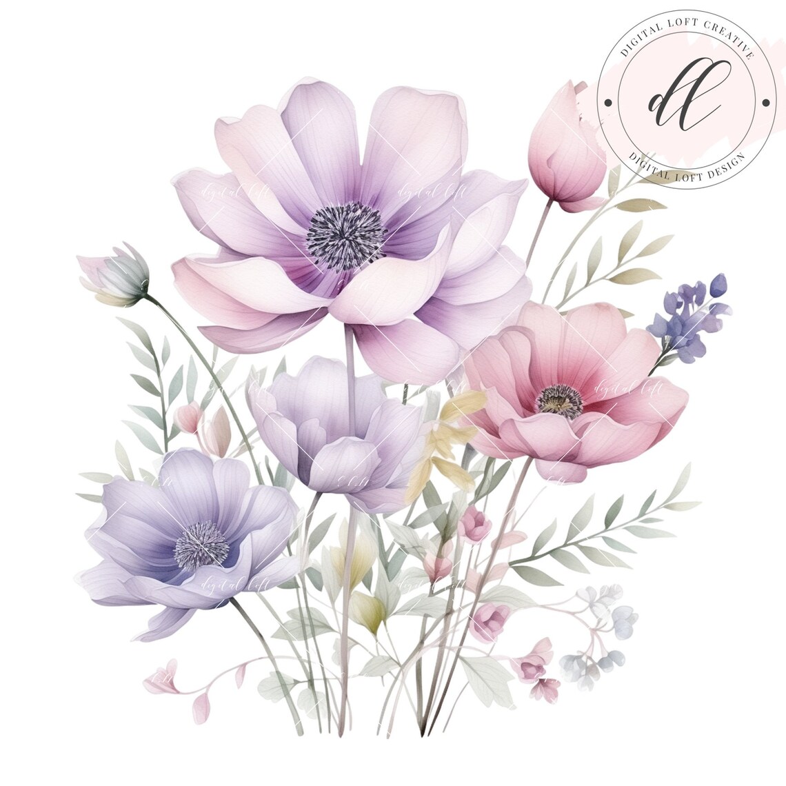 Watercolor Anemone Bouquet Set of 12 Pink and Purple Flower Art Poster - Image 2