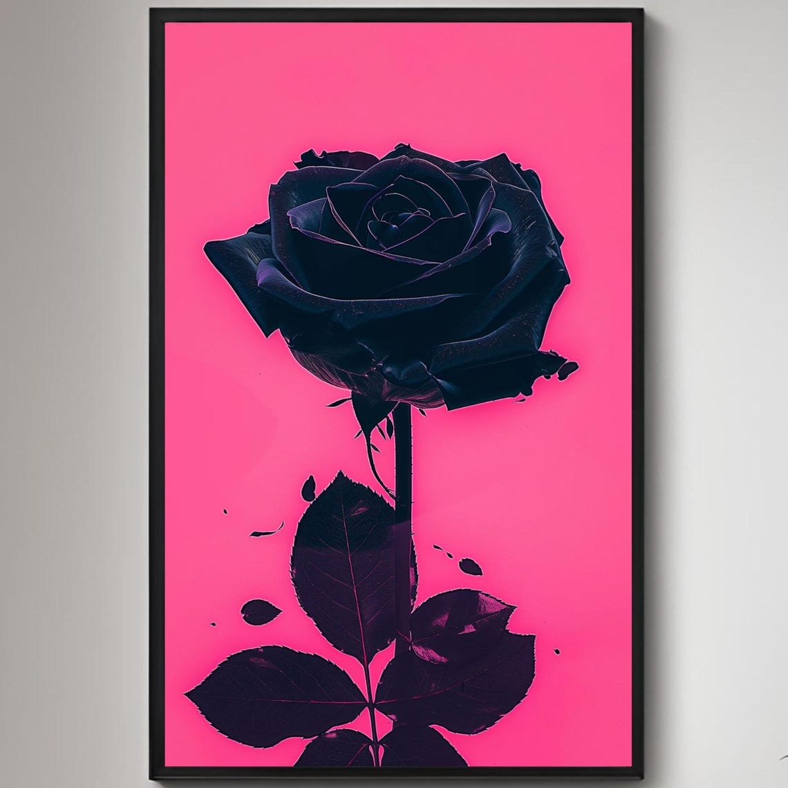 Black Rose On Hot Pink Background Bold Floral Pop Art Poster