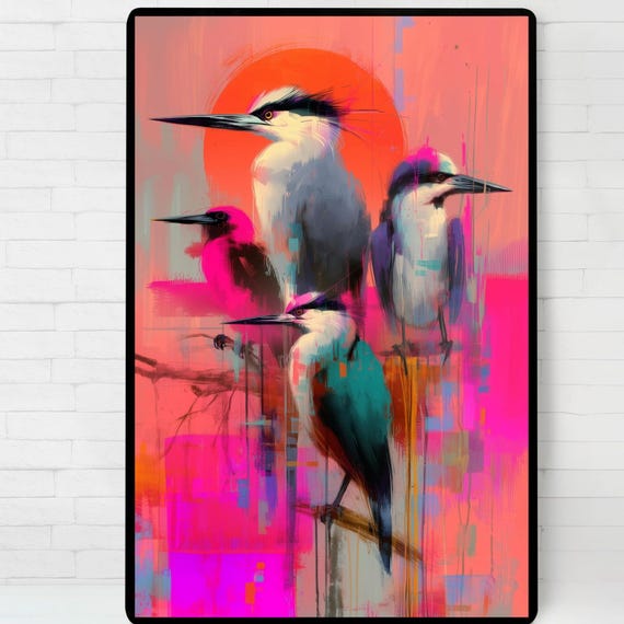 Modern Birds Art Print Abstract Neon Colors Vivid Illustration