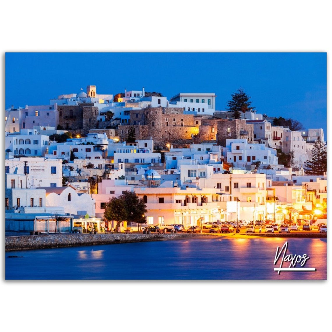 Naxos Greece Twilight Whitewashed Town Harbor Night View Poster