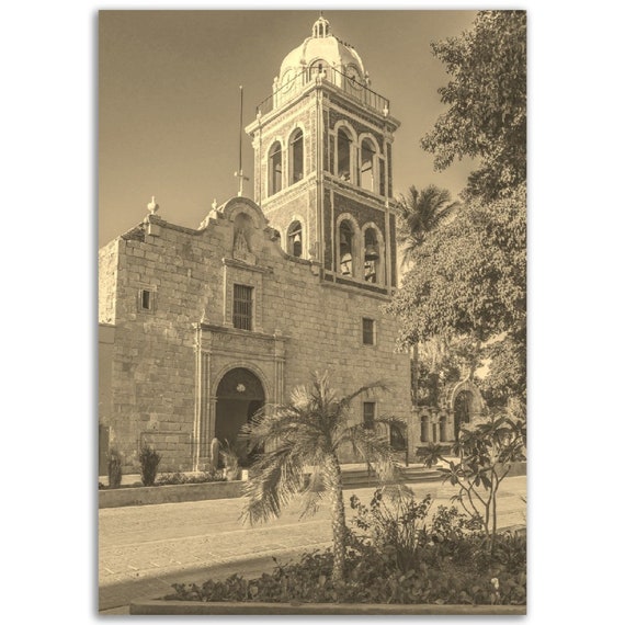 Vintage Baja Church Poster Sepia Mexico Travel Print