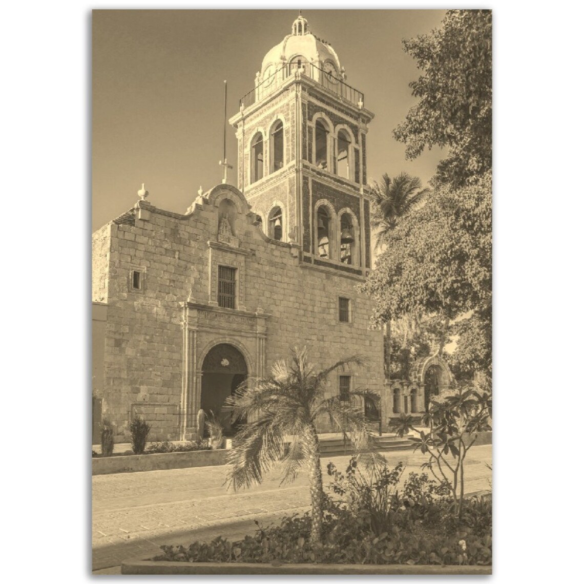 Sepia Baja Mexico Historic Stone Church Bell Tower Palm Vintage Travel Poster