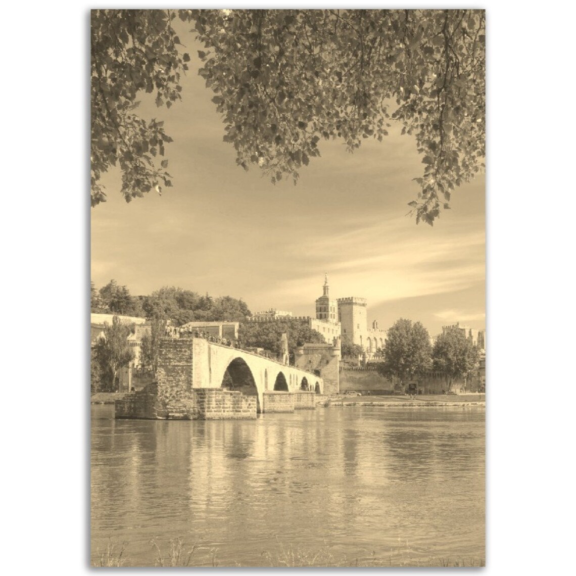 Sepia Avignon France Saint Benezet Bridge Palace Vintage Travel Poster