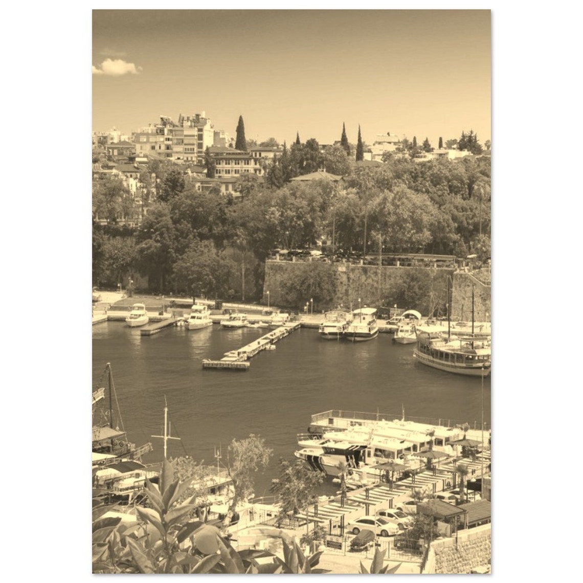 Vintage Antalya Turkey Old Harbor Sepia Coastal Travel Poster