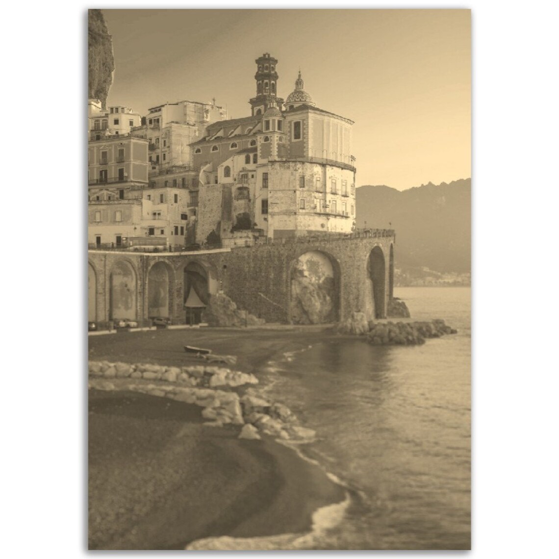 Italian Amalfi Coast Vintage Sepia Seaside Cliff Town Photo Poster
