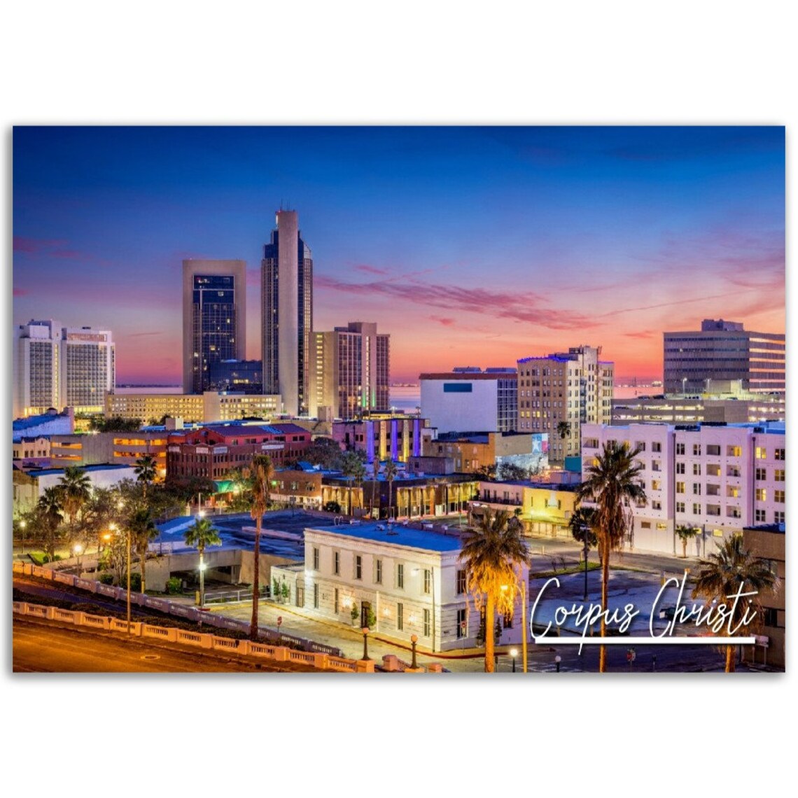 Corpus Christi Texas Skyline at Sunset Palm Trees Travel Poster