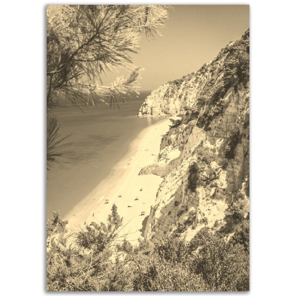 Vintage Sepia Lefkada Greece White Cliff Beach Travel Poster