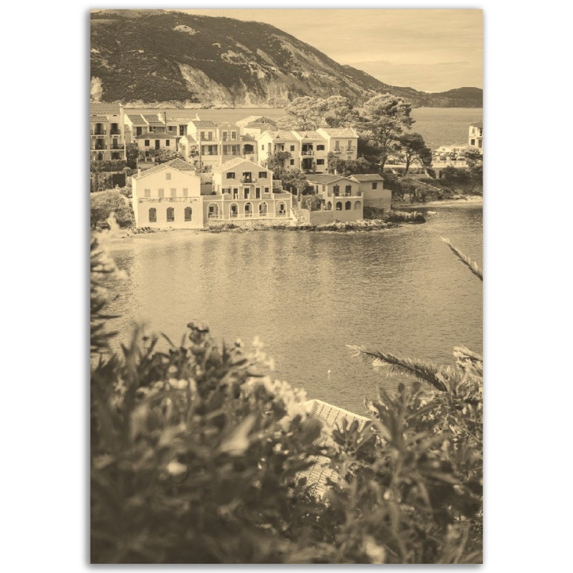 Vintage Kefalonia Greece Island Harbor Village Sepia Travel Poster