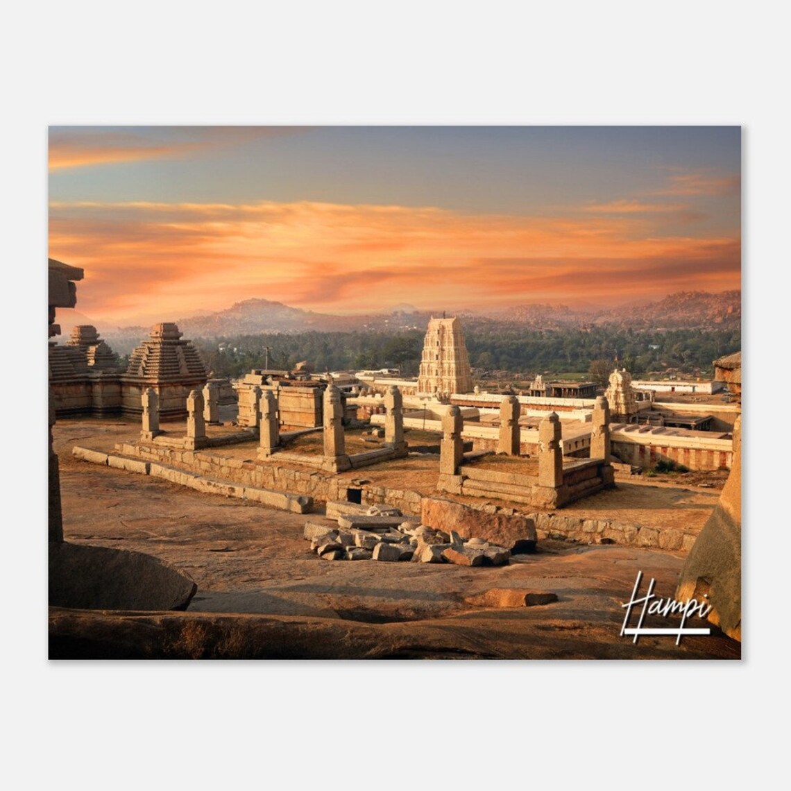 Hampi Ancient Temple Ruins Golden Sunset India Travel Poster