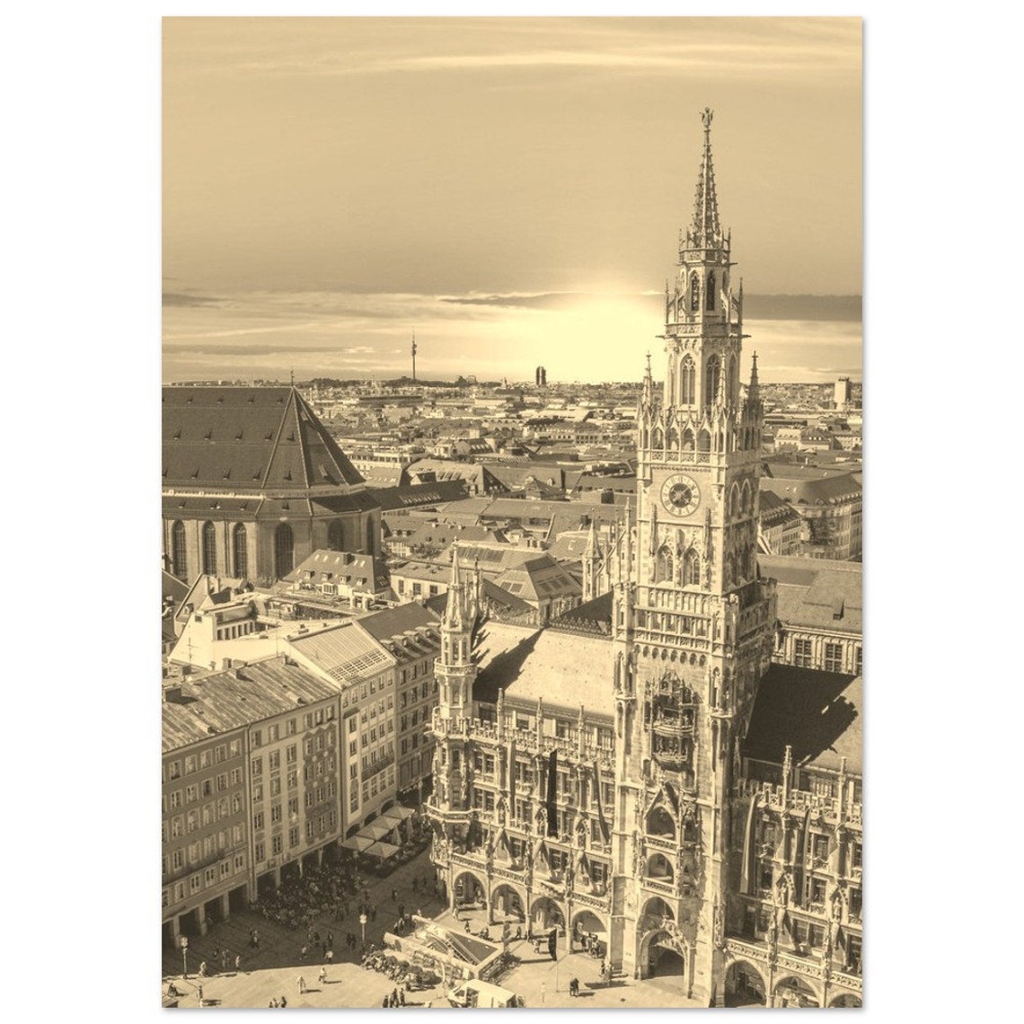 Munich Germany Sepia Travel Poster with Neues Rathaus Clock Tower