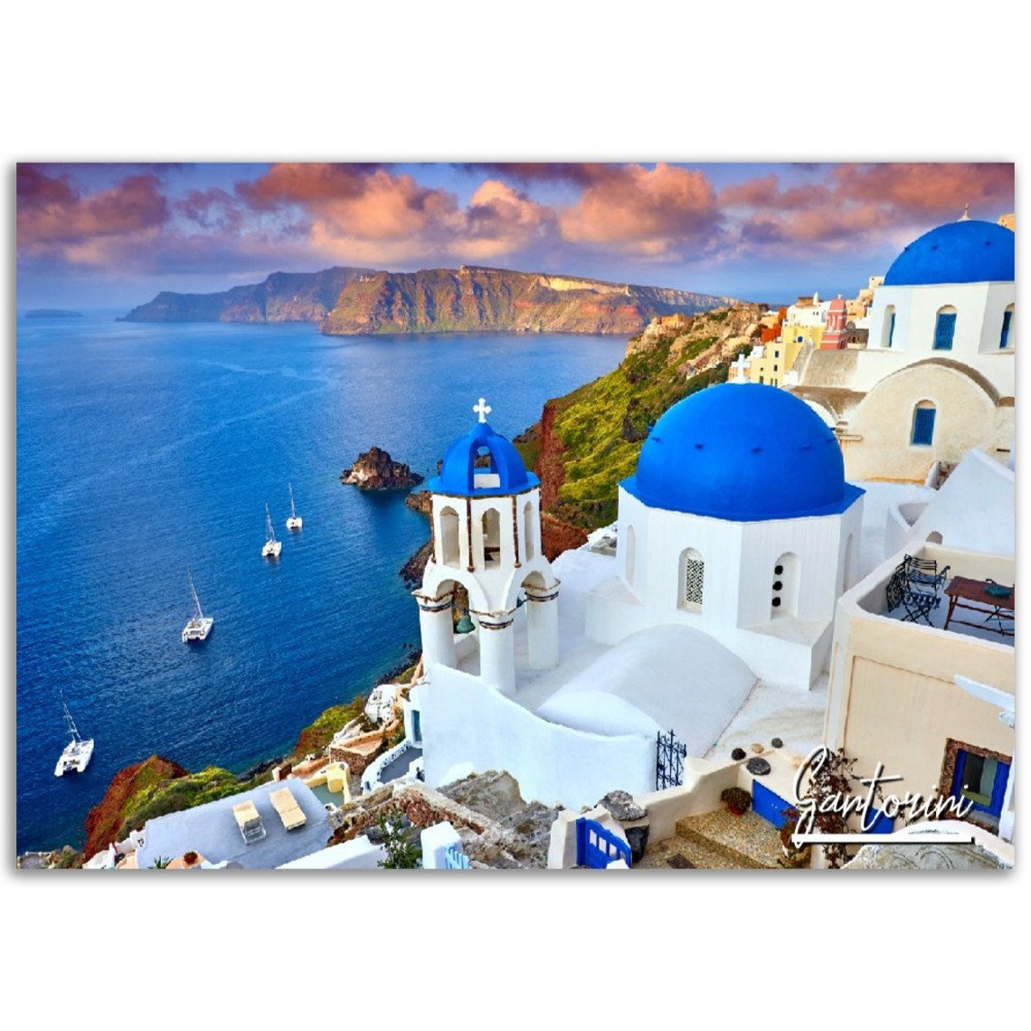 Santorini Greece Poster with Blue Dome Churches and Aegean View