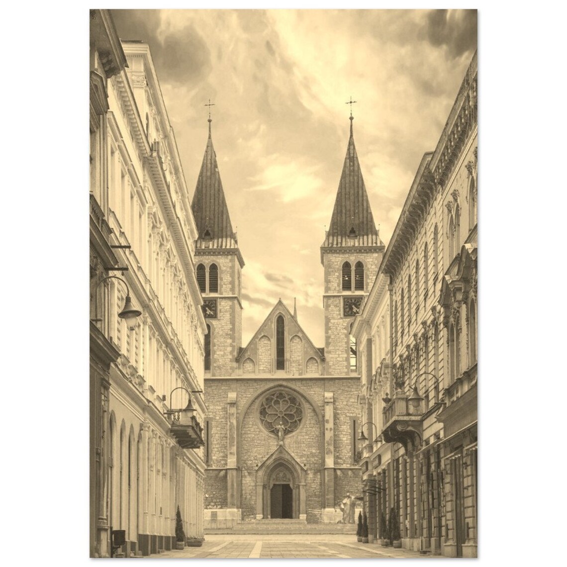 Vintage Sepia Twin Spire Cathedral Street Architecture Poster