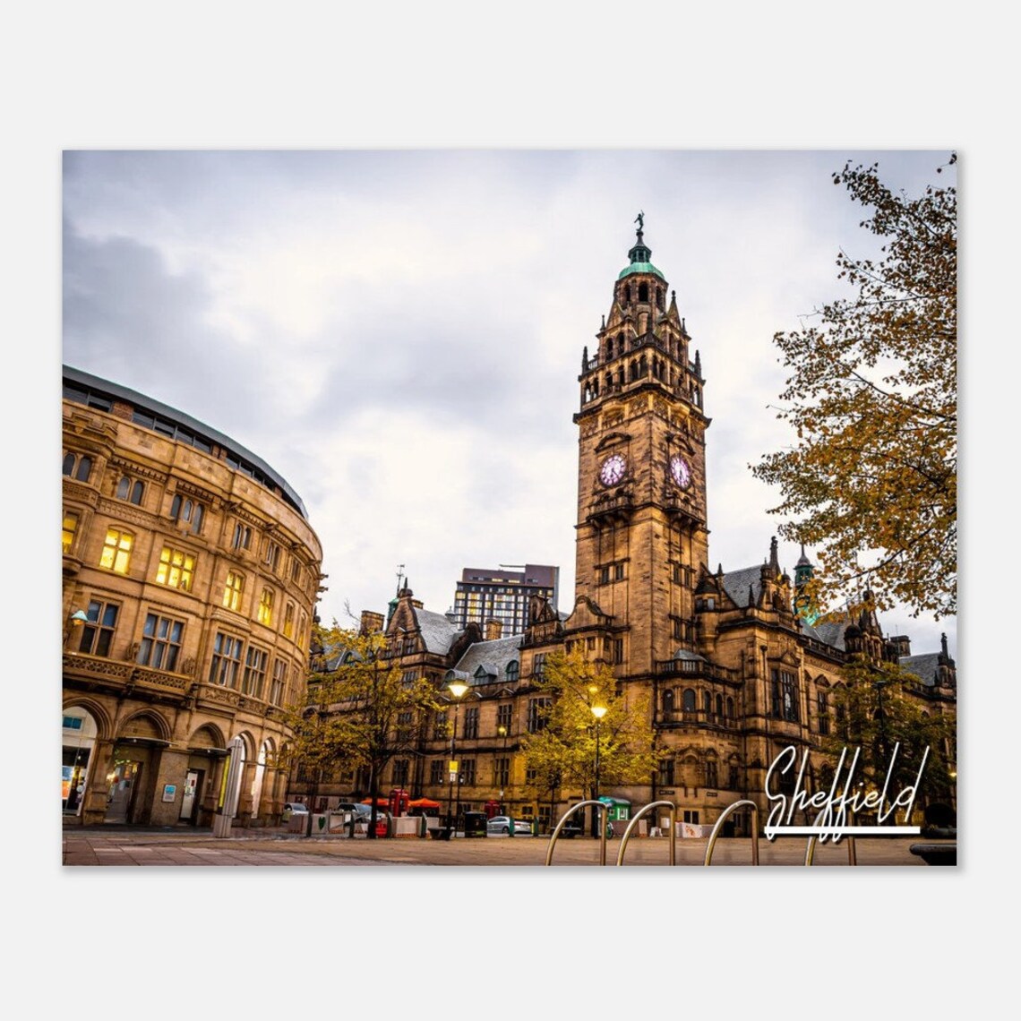 Sheffield England Town Hall Clock Tower Cityscape Travel Poster