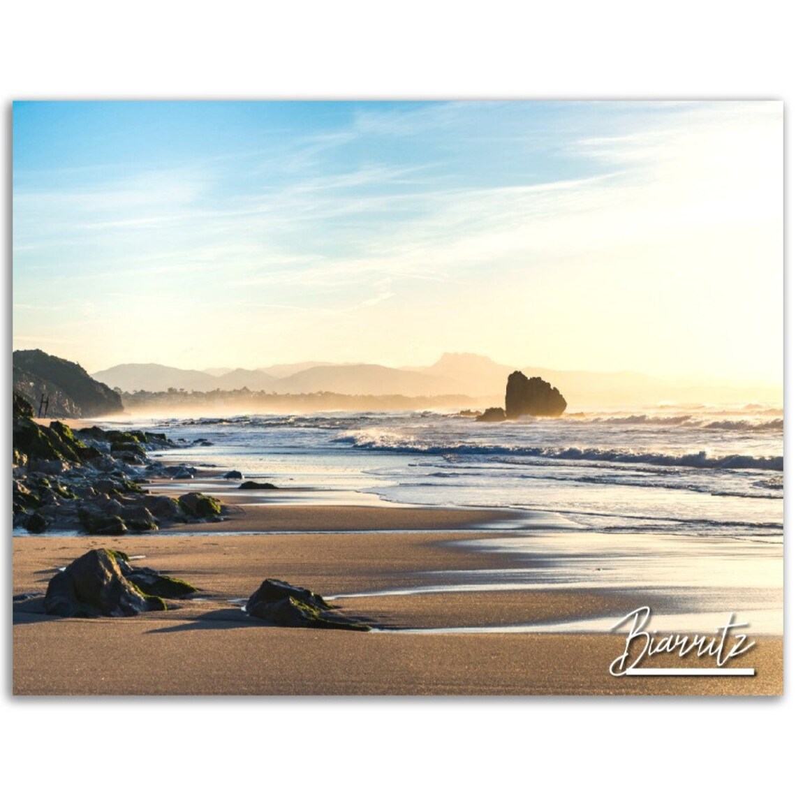 Biarritz France Beach Sunset Golden Waves Rocky Shore Photo Poster