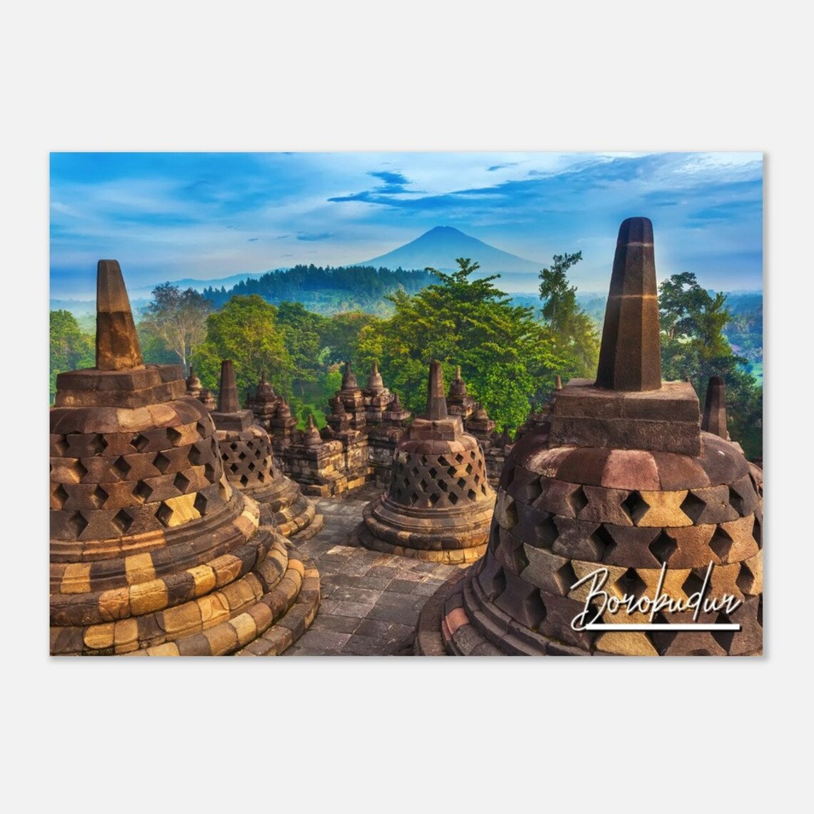 Borobudur Temple Stone Stupas Volcano View Indonesia Travel Poster
