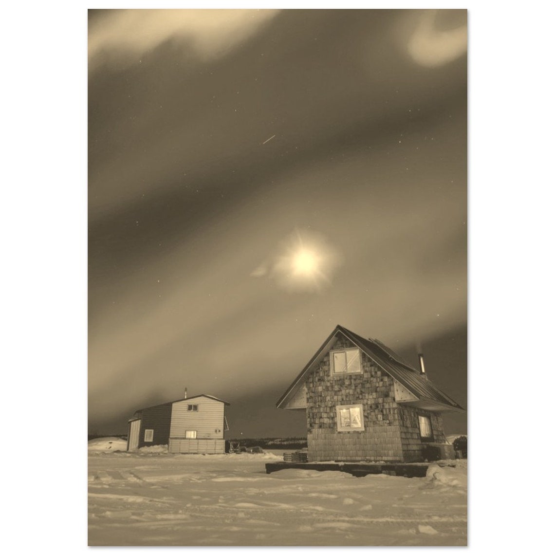 Yellowknife Northern Lights Vintage Sepia Snow Cabins Poster