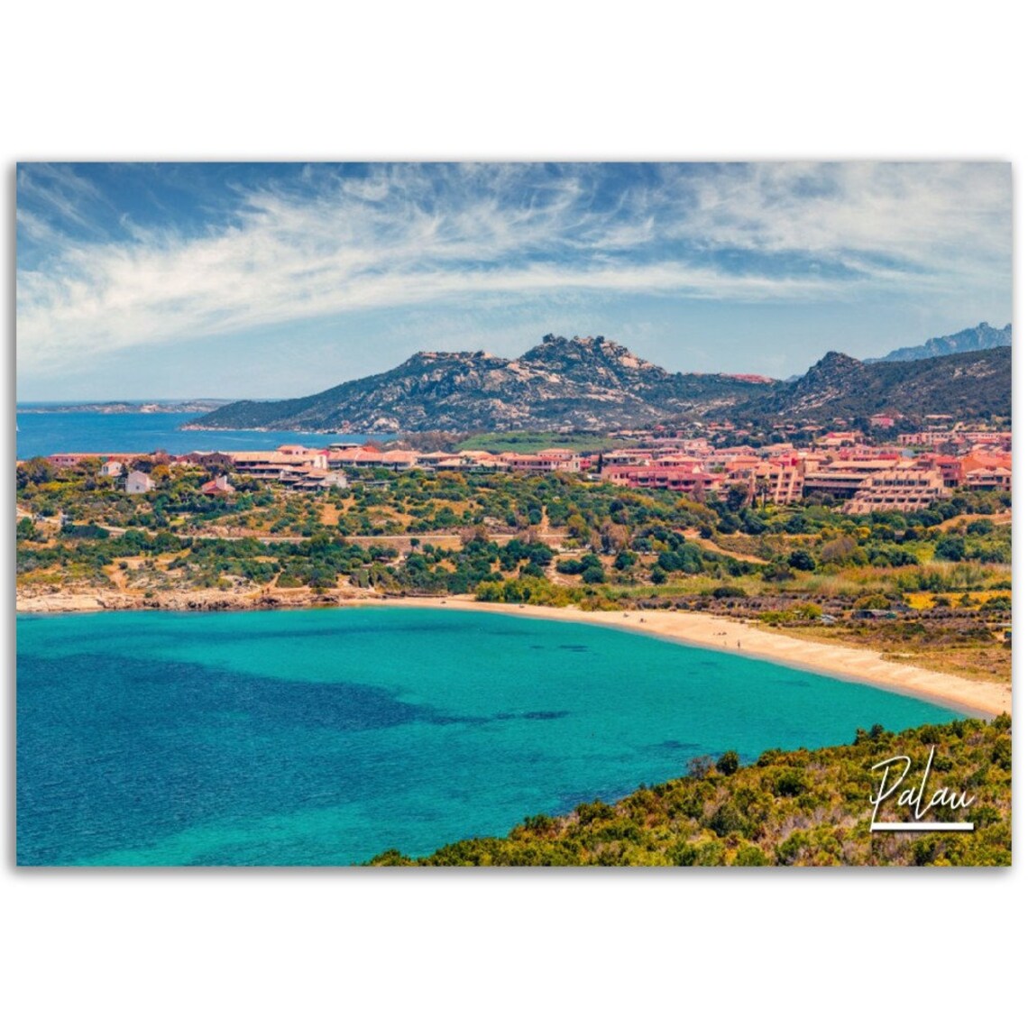 Palau Sardinia Italy Turquoise Beach Coast Mountain View Travel Poster