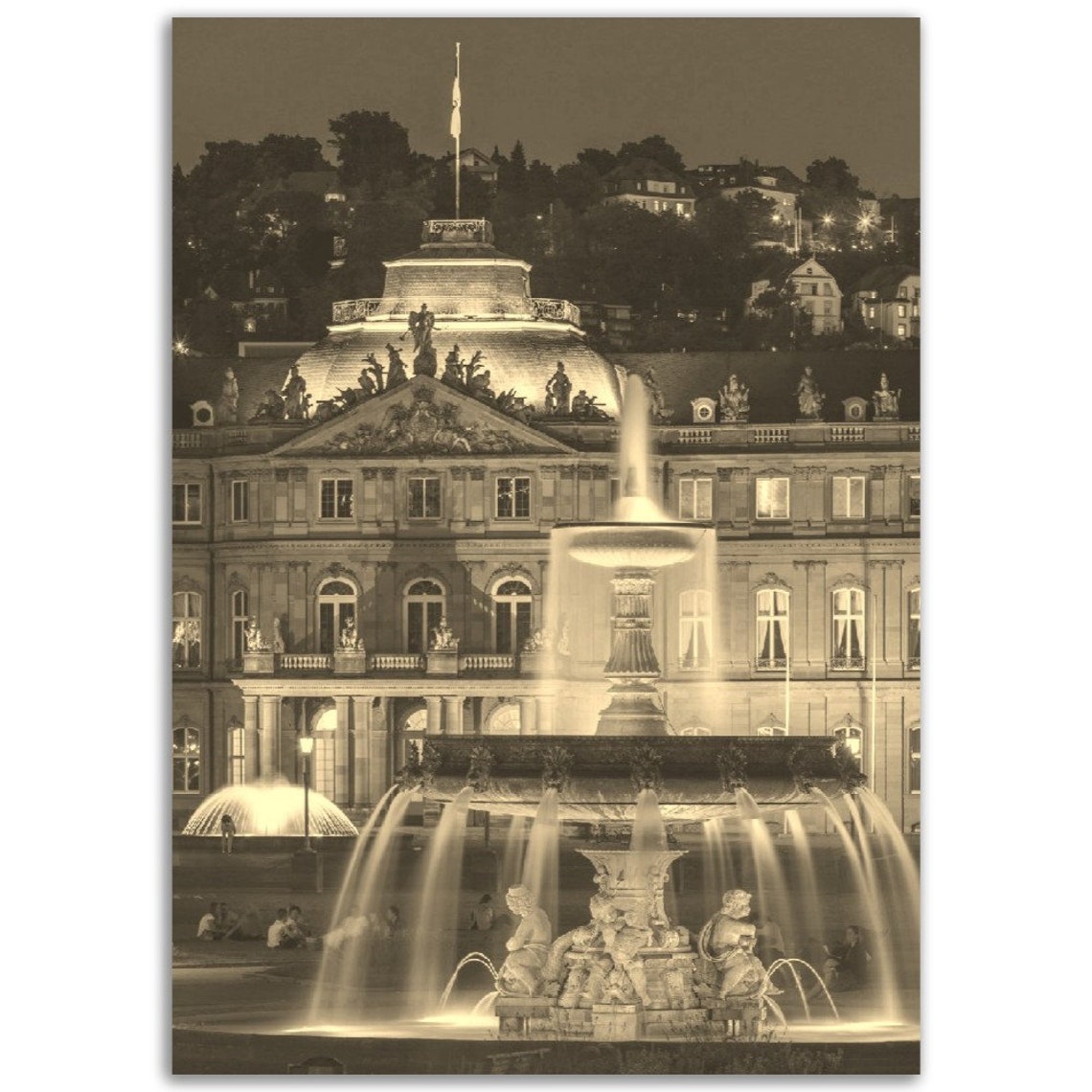 Vintage Sepia Stuttgart Palace Fountain Night Lights Travel Poster