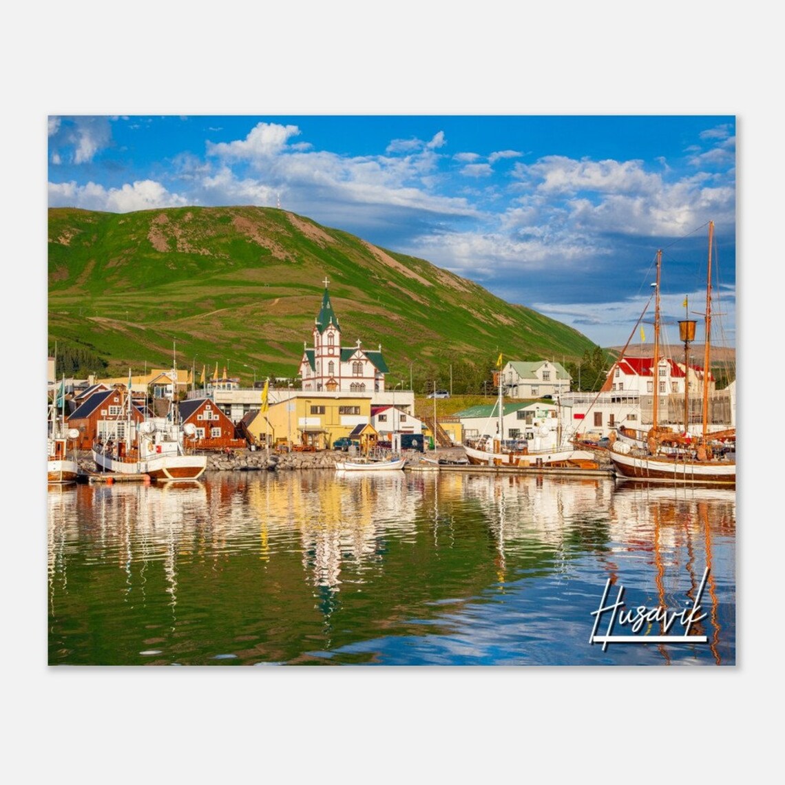 Husavik Iceland Picturesque Harbor Boats Church Mountain Poster