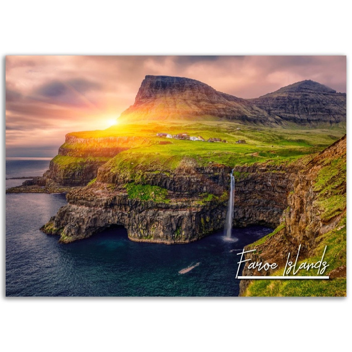 Faroe Islands Dramatic Cliff Waterfall Sunset Ocean Landscape Poster