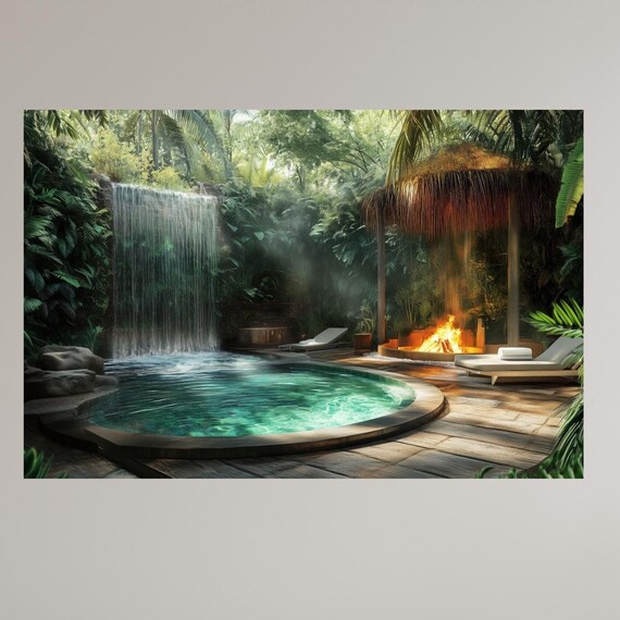 Tropical Poolside Oasis Relaxing Jungle Waterfall Retreat With Cozy Fire Pit Serene Spa Like Wall Art For Home Decor