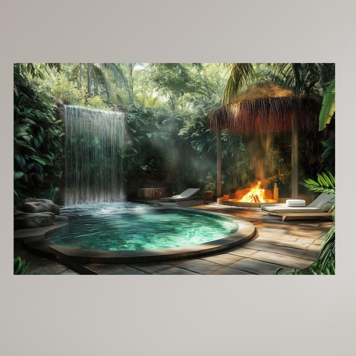 Tropical Poolside Waterfall Oasis Jungle Tiki Hut Fire Pit Poster