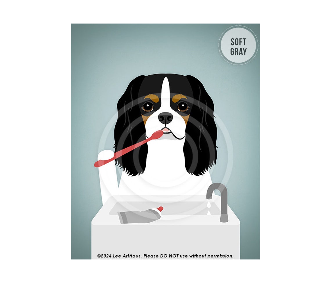 Tricolor Cavalier Spaniel Brushing Teeth Funny Dog Bathroom Poster - Image 3