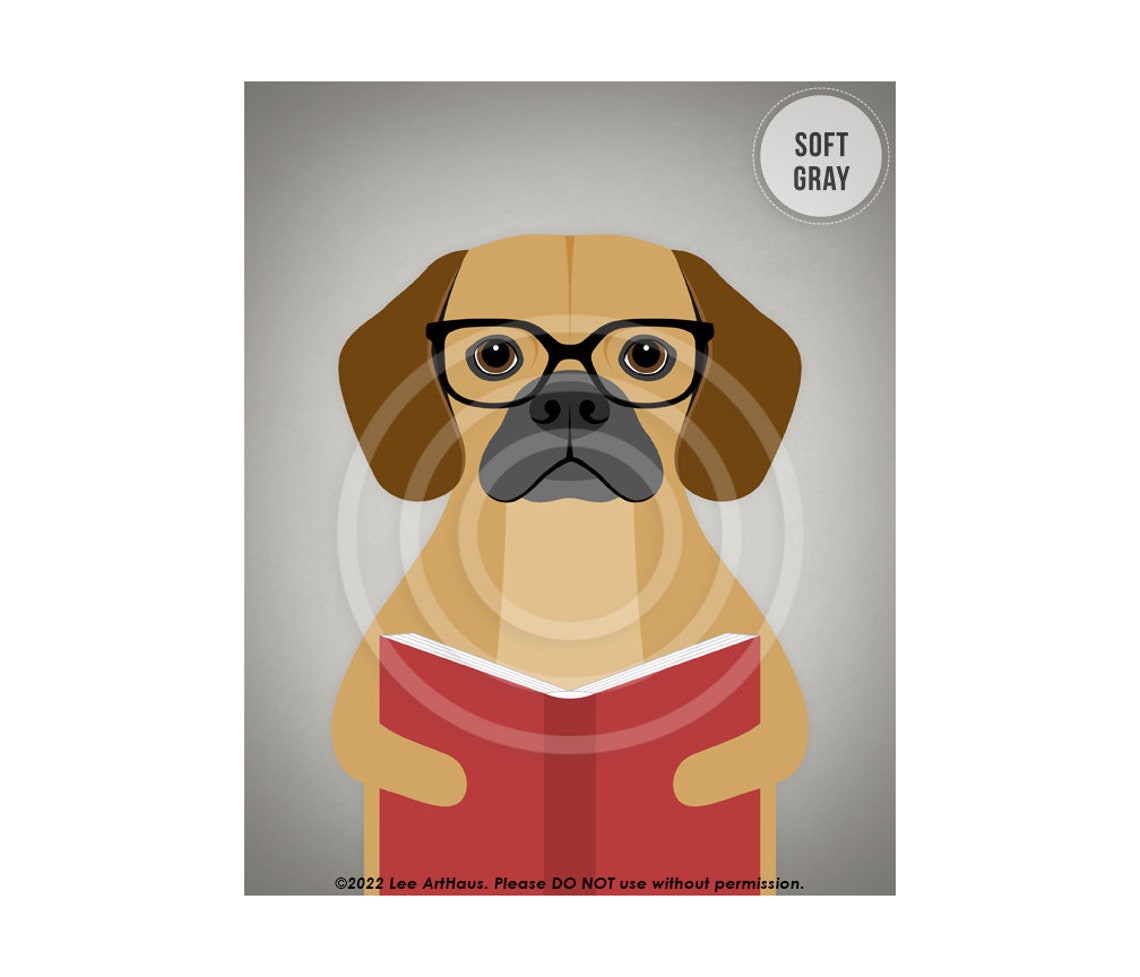 Puggle Wearing Glasses Reading a Red Book Funny Puppy Poster - Image 3