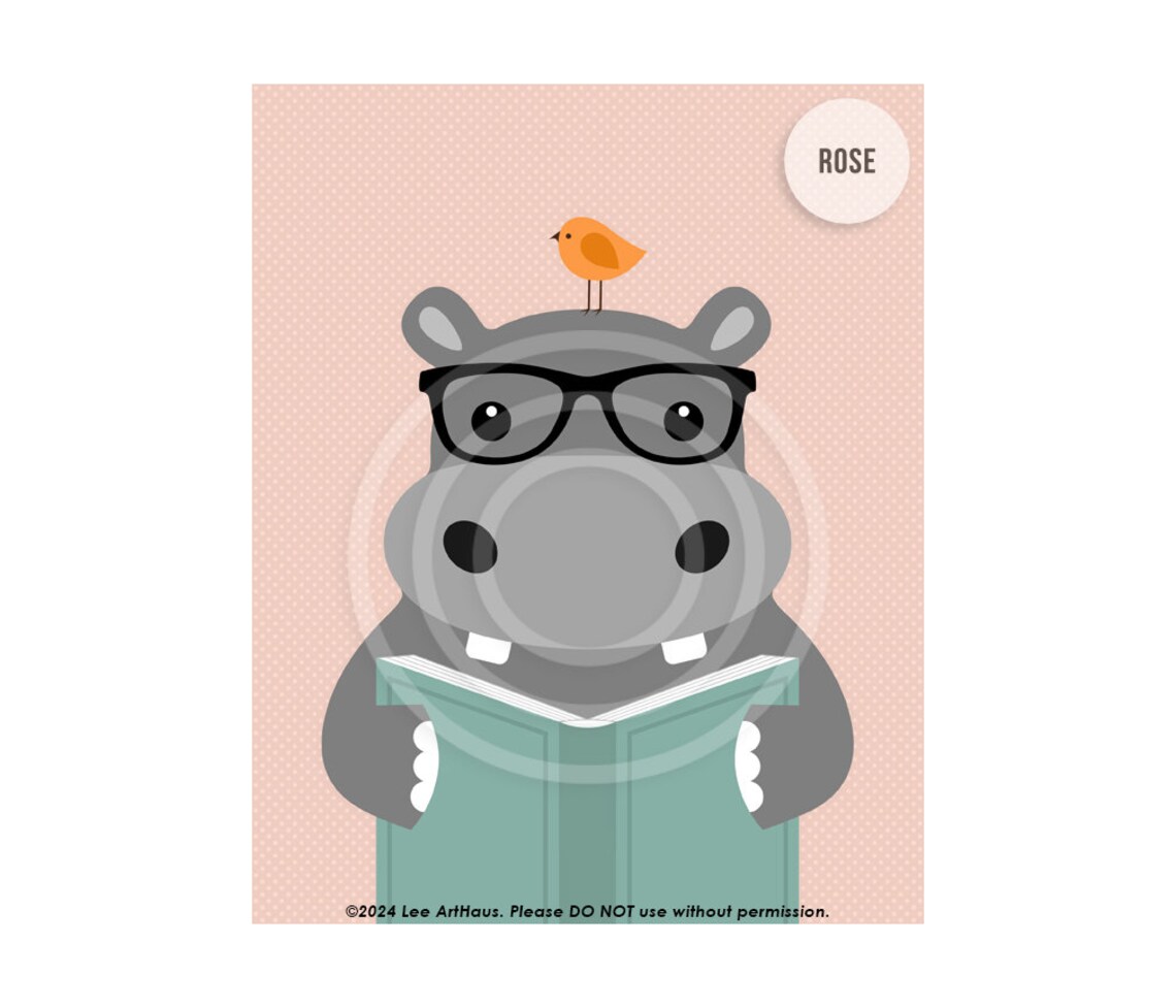 Cute Hippo Reading Book With Glasses Yellow Zoo Animal Nursery Kids Poster - Image 4