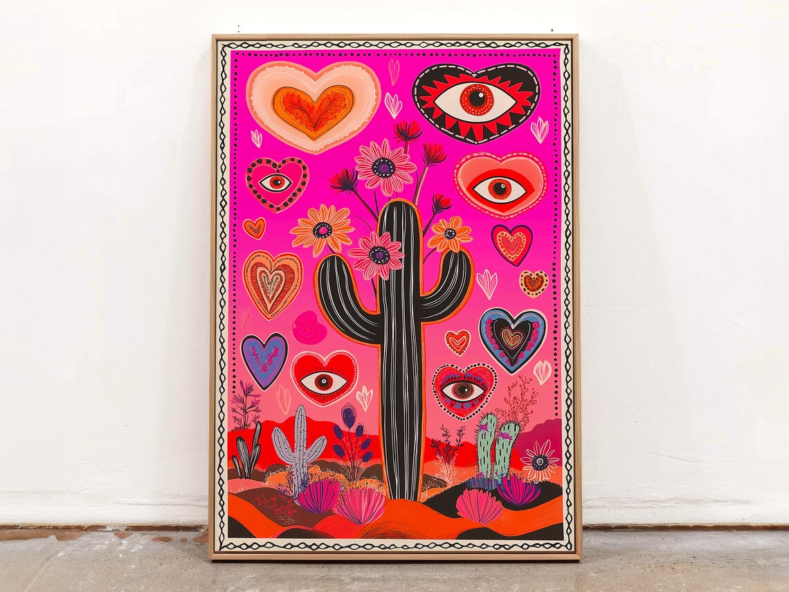 Pink Maximalist Cactus With Hearts And Eyes Folk Art Wall Poster
