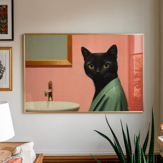 Quirky Black Cat Bathroom Print Funny Feline In Pink Tile