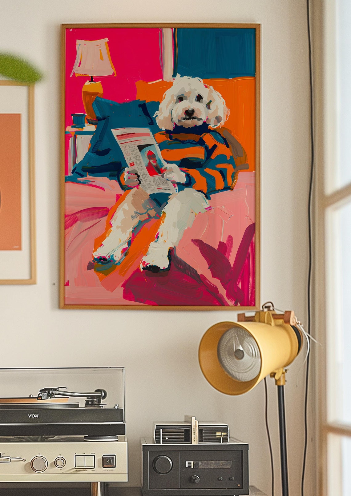 Fluffy White Dog Reading the Morning Newspaper Pop Art Poster