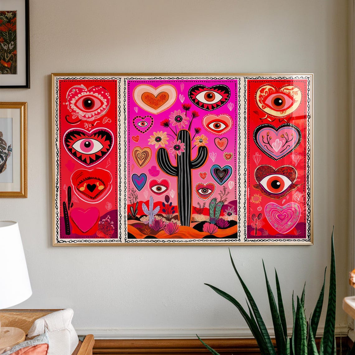 Bold Red Surreal Cactus Evil Eye Hearts Maximalist Boho Wall Art