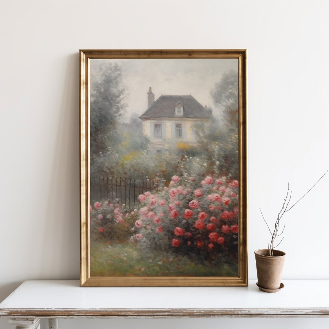Vintage Cottage Oil Painting Pink Rose Garden Impressionist Art Poster