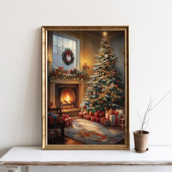 Cozy Christmas Vintage Tree Decor, Winter Fireplace Art Print