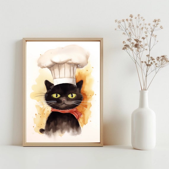 Chef Cat Art Print, Kitchen Decor Gift