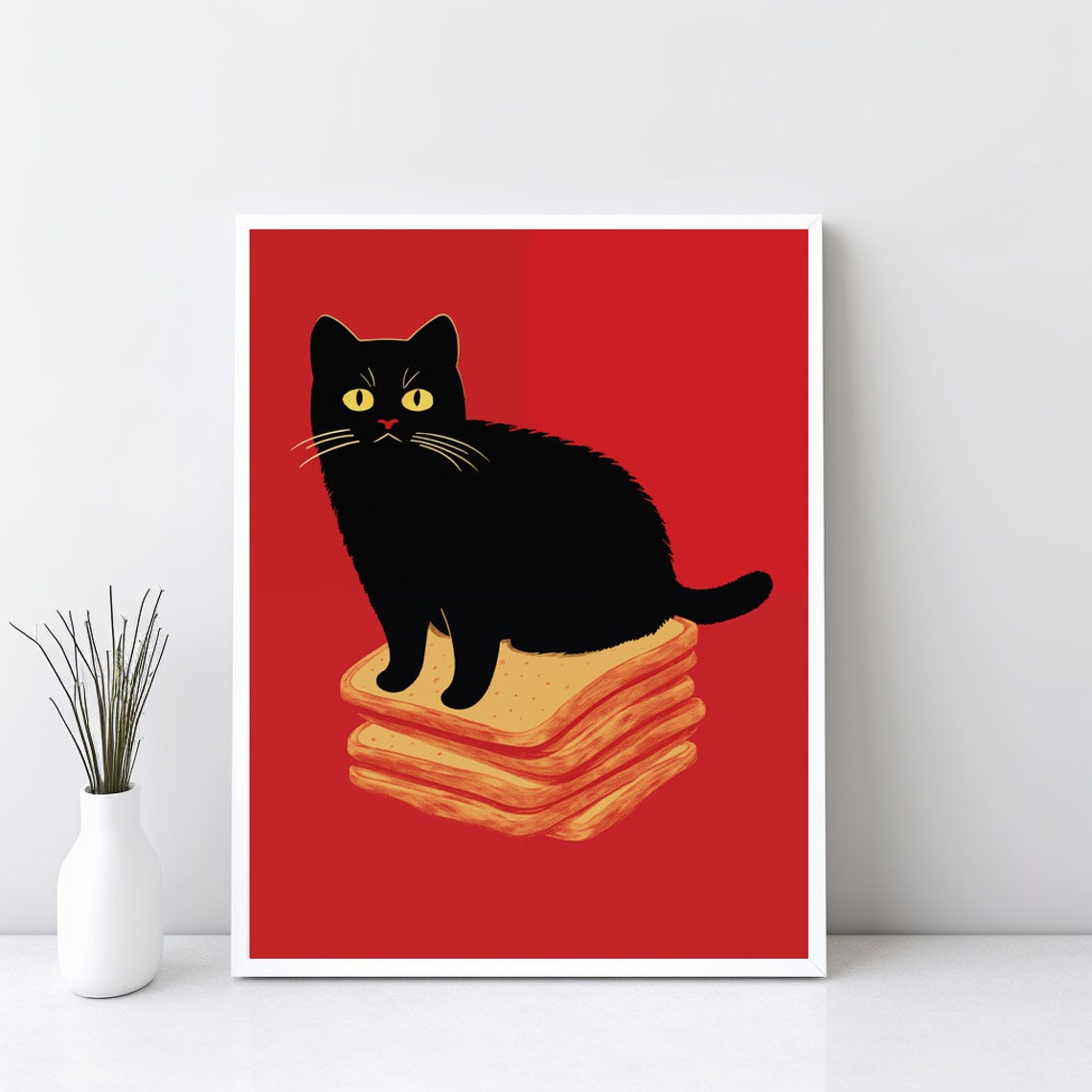 Funny Black Cat Sitting on Stacked Toast Red Kitchen Art Poster