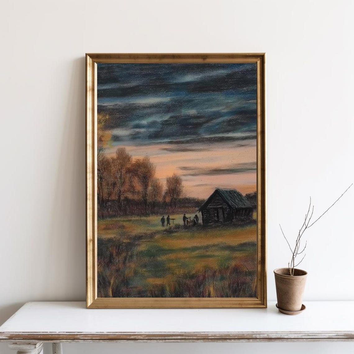 Rustic Hut Meadow at Dusk Moody Vintage Landscape Painting Wall Art