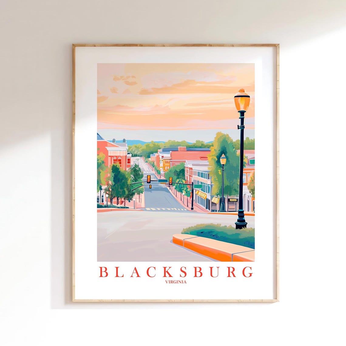 Blacksburg Virginia Downtown Sunset Street Retro Travel Poster