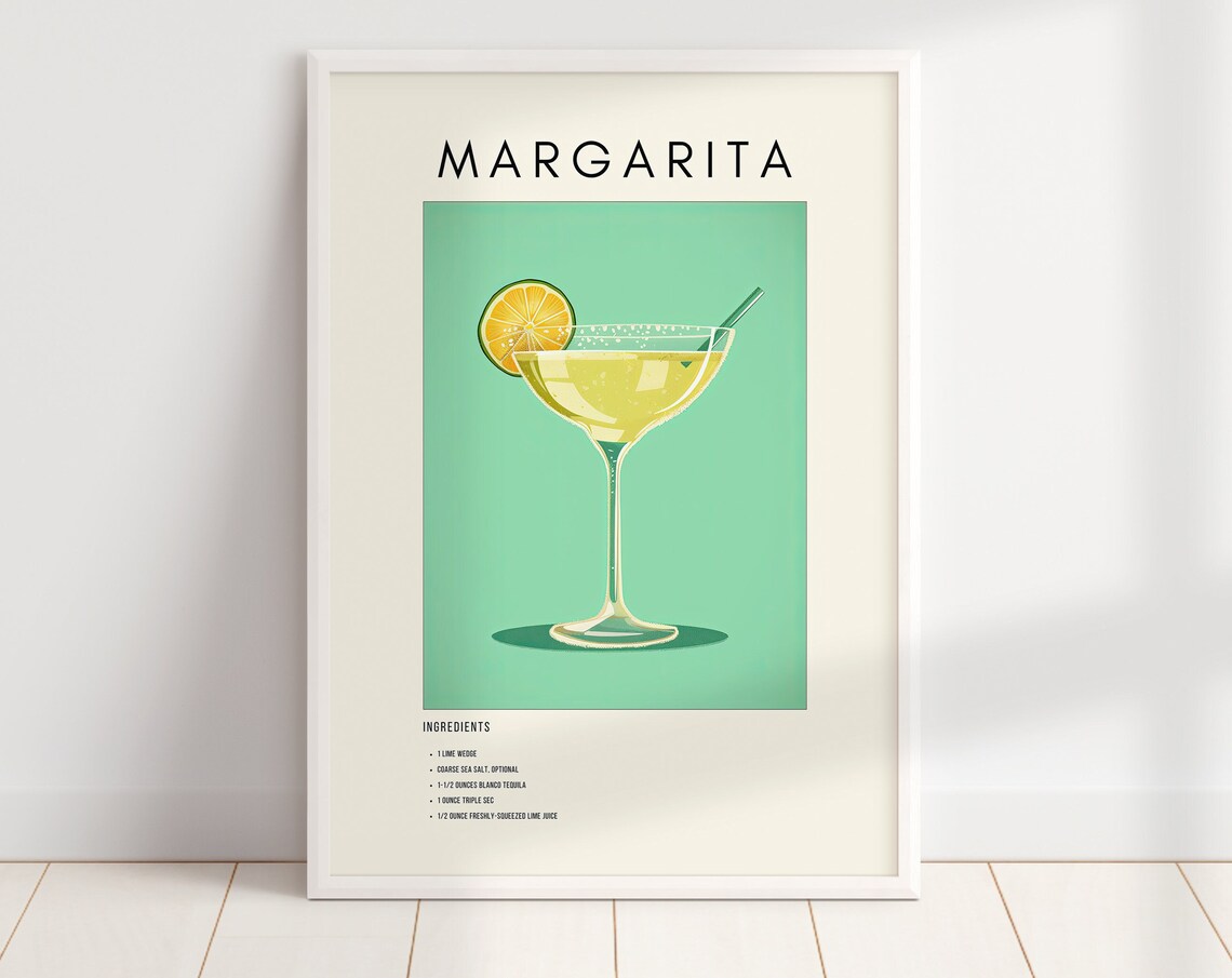 Margarita Cocktail Recipe Retro Kitchen Art Mint Green Bar Cart Decor Poster