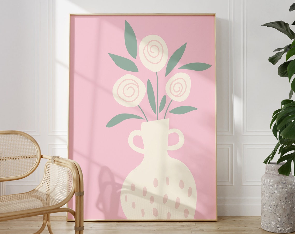 Pink Cream Rose Bouquet Vase Still Life Boho Floral Art Poster