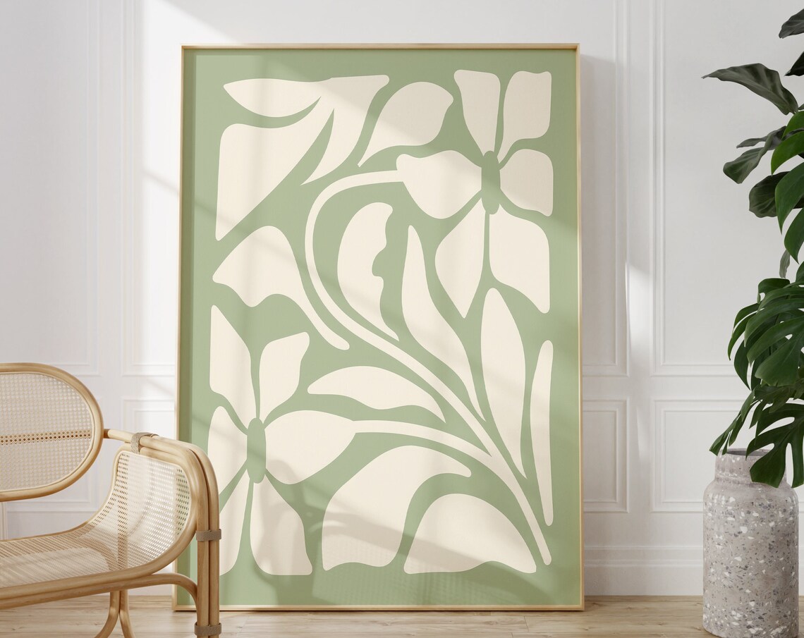 Sage Green Bold Abstract Floral Organic Shapes Modern Art Poster