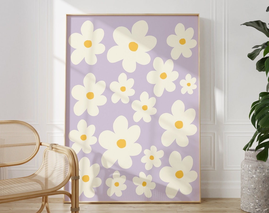 White Daisies Lilac Background Abstract Boho Floral Wall Poster