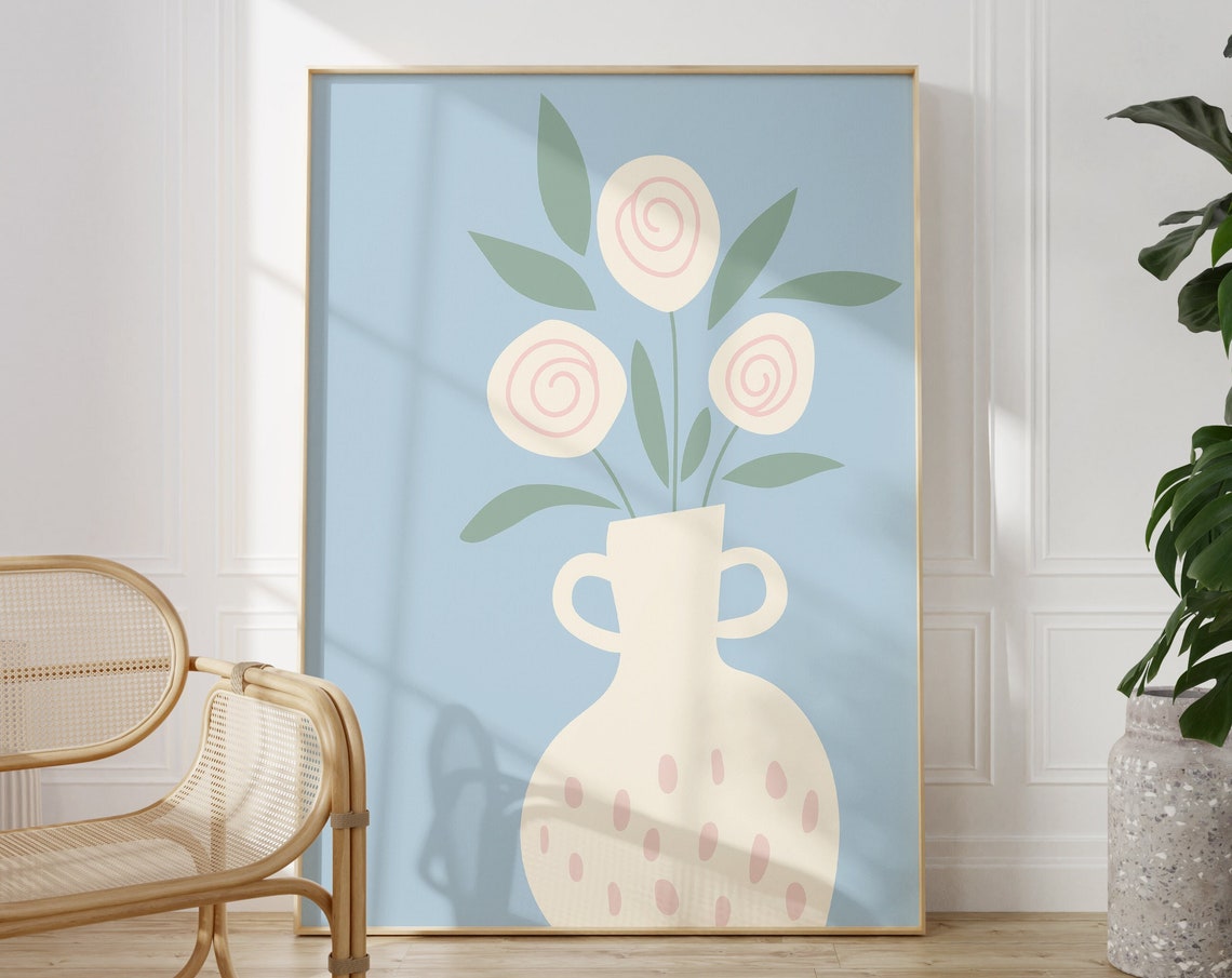 Soft Sky Blue Vase With Swirl Flowers Boho Floral Art Poster
