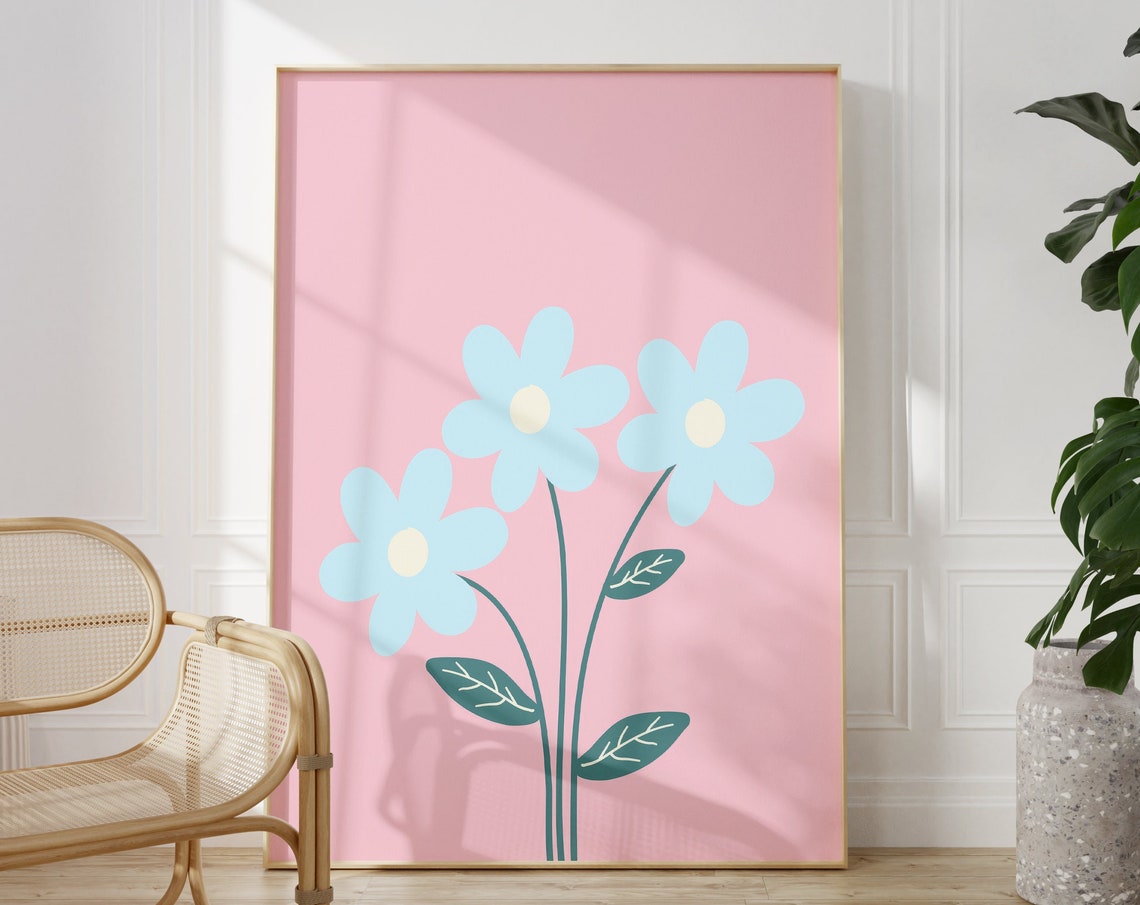Pink Blue Daisy Trio Floral Botanical Minimalist Pastel Art Poster