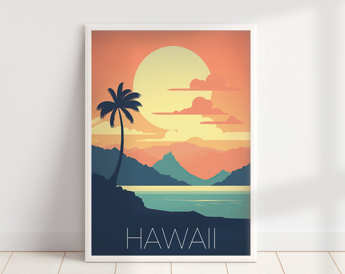 Hawaii Tropical Retro Sunset Palm Ocean Island Travel Poster