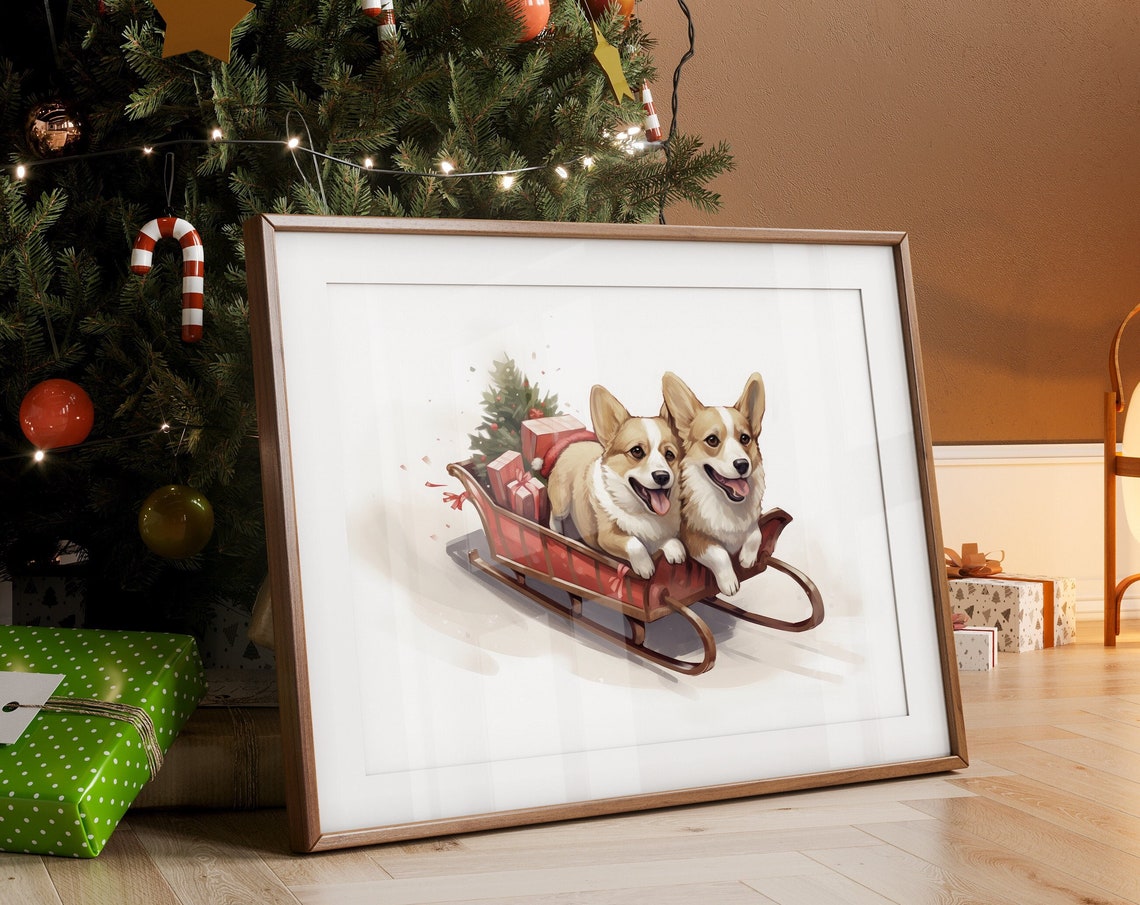 Happy Two Corgis Riding a Christmas Sleigh Watercolor Poster