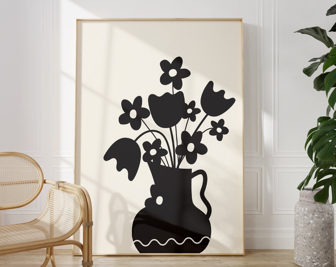 Bold Black Flower Vase Silhouette On Cream Modern Art Poster