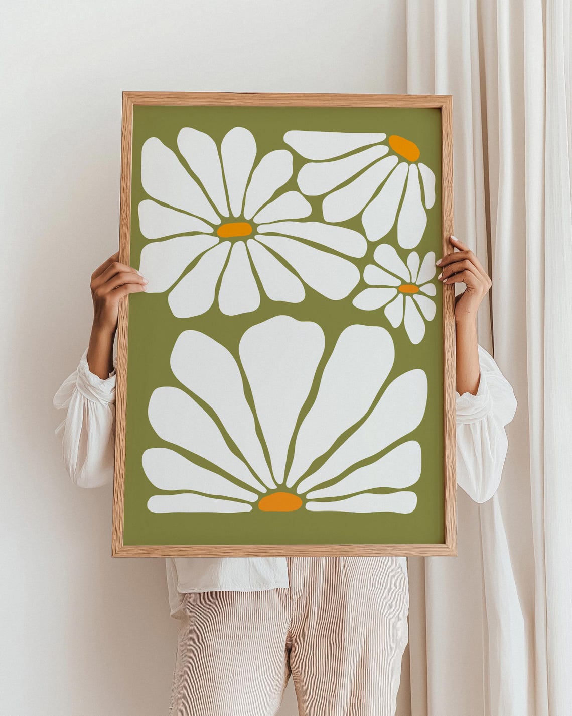 White Daisy Bouquet Olive Green Retro Floral 70s Flower Poster